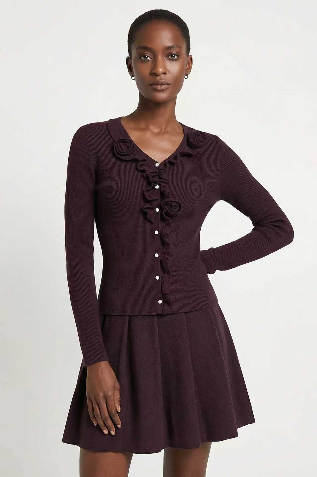 Rosette ribbed wool cardigan